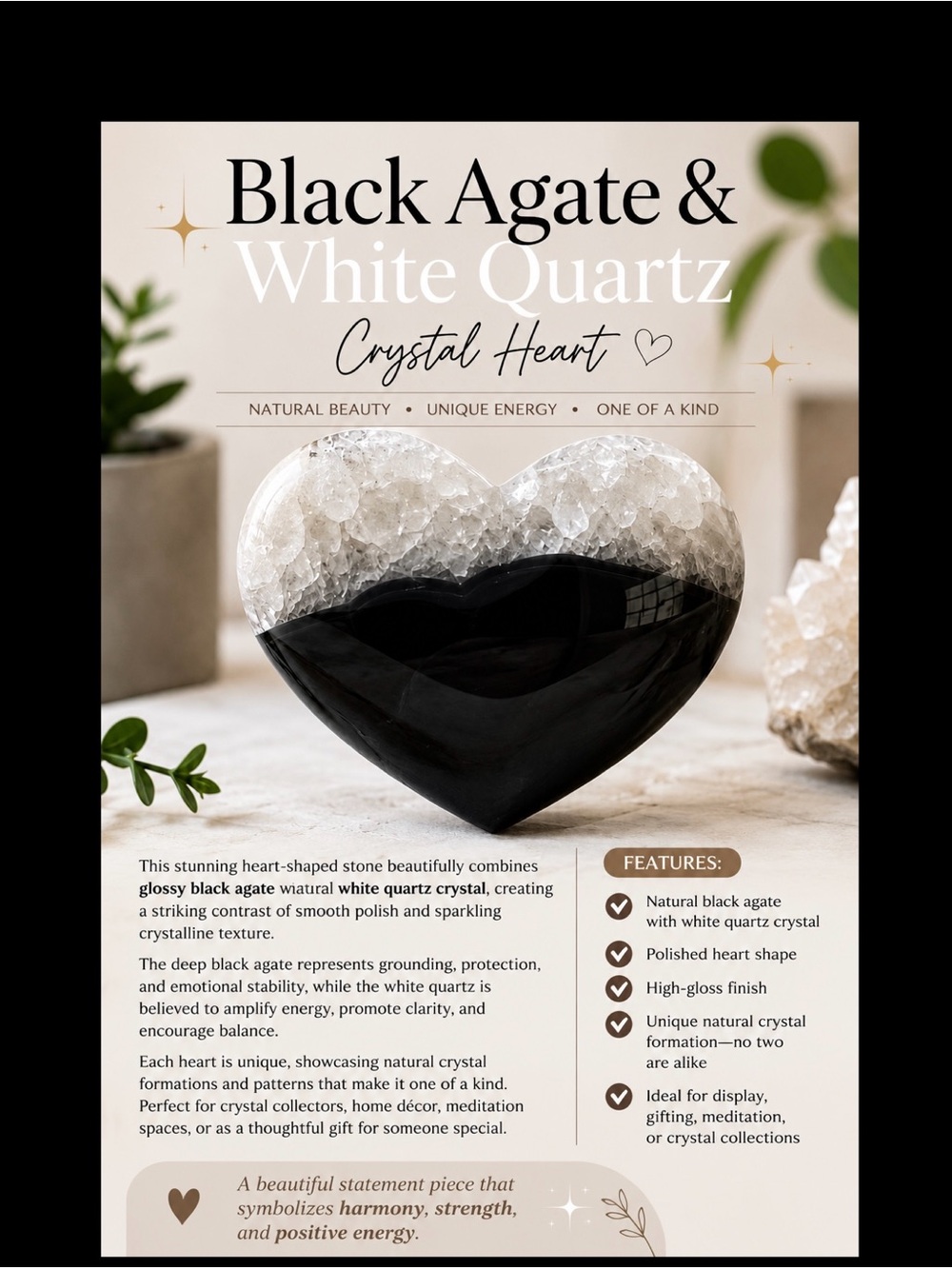 Black Agate with White Quartz crystals, polished into a heart shape MSRP $100